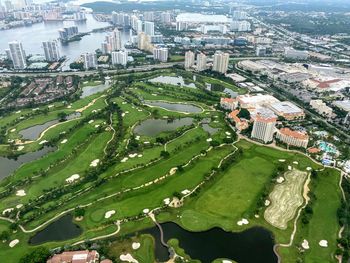 High angle view of buildings in city