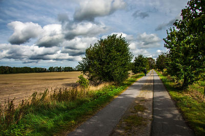 Empty road along plants and trees against sky