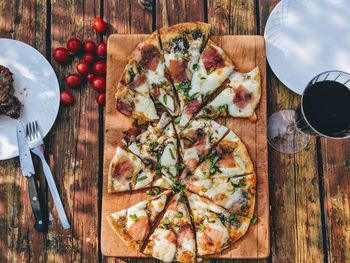High angle view of pizza on table