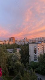 High angle view of buildings against sky during sunset