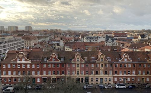 High angle view of buildings in city