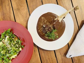 High angle view of food in plate on table