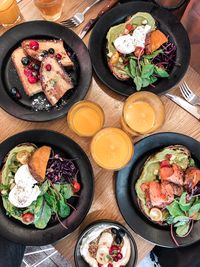 High angle view of food served on table