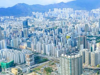 High angle view of modern buildings in city