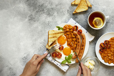 High angle view of breakfast on table