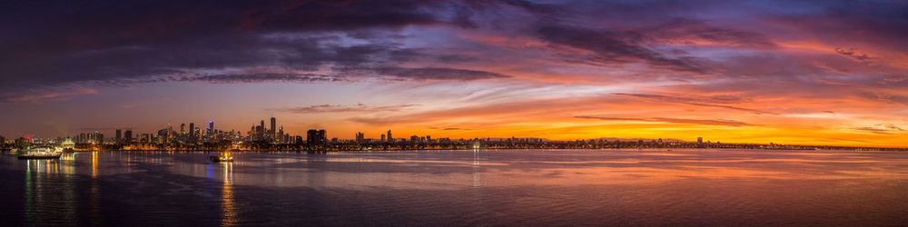 Panoramic view of sea by cityscape against cloudy sky during sunset