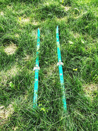 High angle view of rope on field