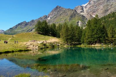 Scenic view of lake and mountains against clear sky