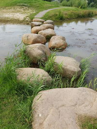 Rocks on grass by water