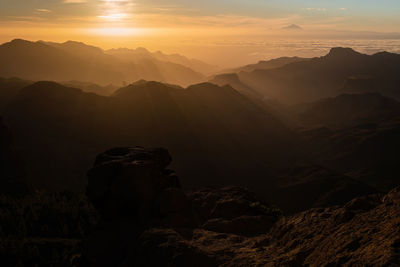 Scenic view of mountains against sky during sunset