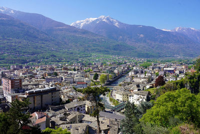 Aerial panoramic view of sondrio town in valtellina valley, lombardy, italy