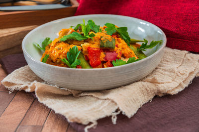 High angle view of salad in bowl on table