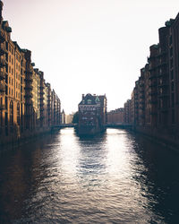 Canal amidst buildings against clear sky in city