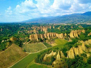 Aerial view of agricultural landscape against sky