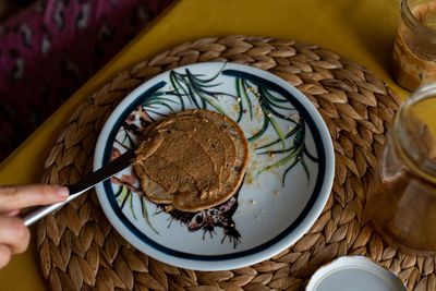 High angle view of breakfast served on table