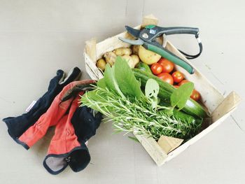 High angle view of vegetables in crate