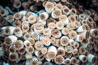 High angle view of decoration on display for sale