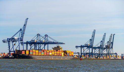 Felixstowe container port panoramic shots showing gantry cranes and container ship