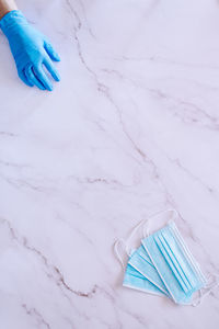 High angle view of blue bottle on table