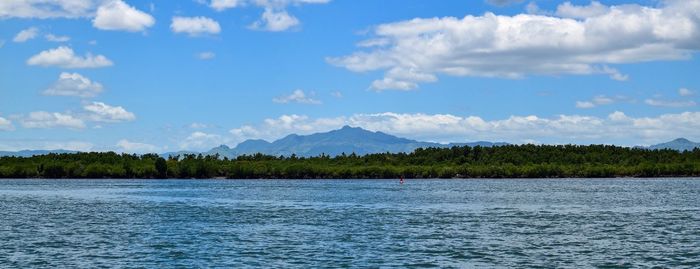 Scenic view of lake against cloudy sky