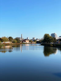 Scenic view of lake by buildings against clear blue sky