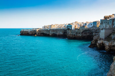 Scenic view of sea against clear blue sky