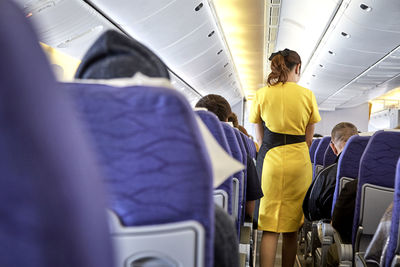 Rear view of airhostess in airplane