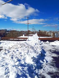 Snow covered landscape against sky