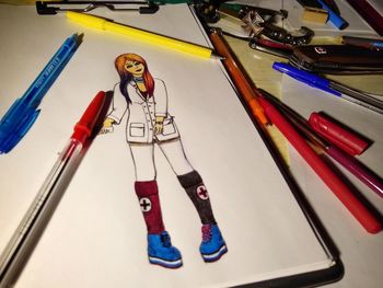 High angle view of multi colored pencils on table