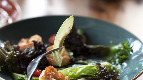 Salad with fresh avocado, lettuce, grilled shrimps, cucumeber. healthy eating. close up.