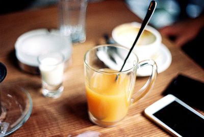 High angle view of drink on table