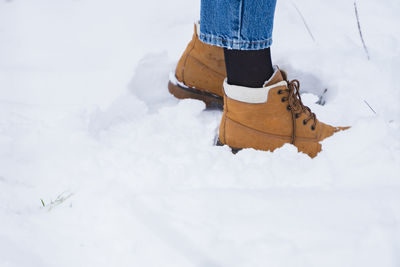 Low section of person standing on snow covered land