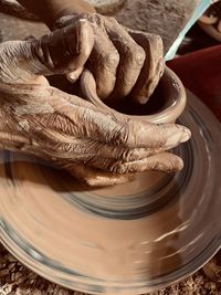 Cropped hand of man making pottery