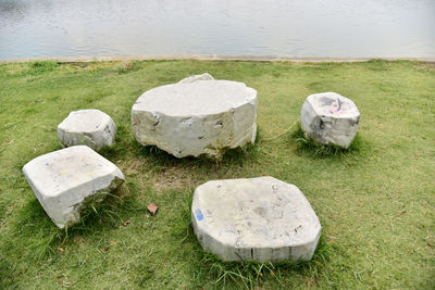 High angle view of stones on field