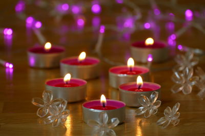 Close-up of lit candles on table