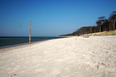 Scenic view of beach against clear blue sky