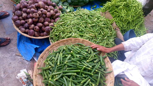 High angle view of vegetables for sale in market