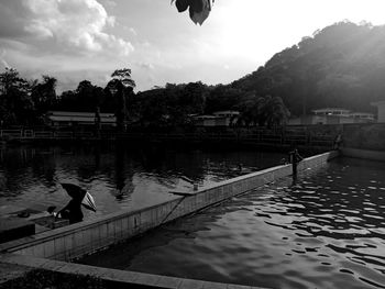 View of swans on river against buildings