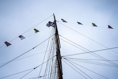 Low angle view of flags against clear sky