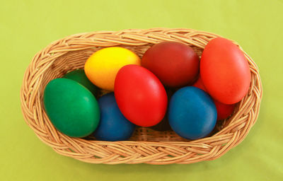 Close-up of multi colored eggs in basket