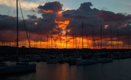 Sailboats moored at harbor during sunset