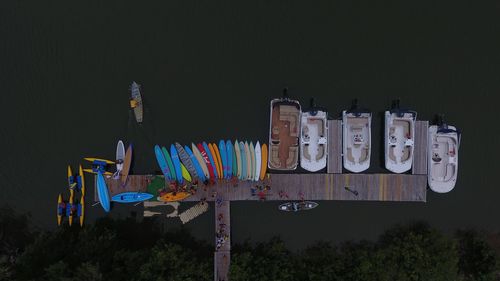 High angle view of boats moored at dock
