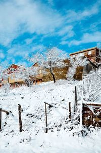 Snow covered landscape against sky