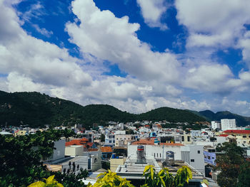 High angle shot of townscape against sky