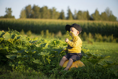 Little boy sitting on pumpkin outdoor