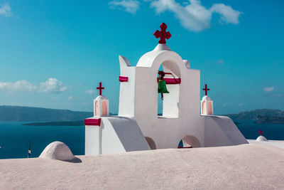 Bell tower of a church on santorini island, greece.