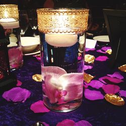 Close-up of illuminated candles on table