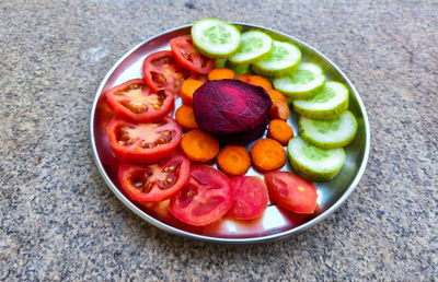 High angle view of food in plate on table