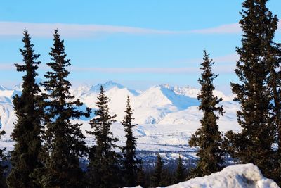 Scenic view of snow covered mountains against sky