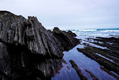 Rock formations by sea against sky